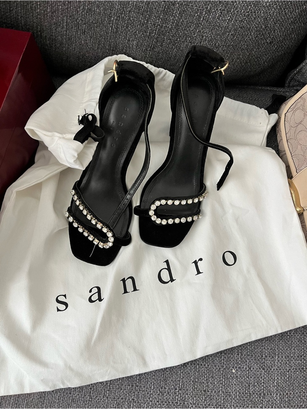 Sandro Paris Black Velvet Embellished Heeled Sandals - Size 39